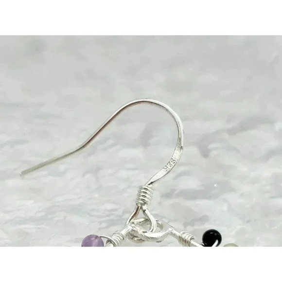 Sterling Silver Rainbow Quartz Gemstone Lined Teardrop Vintage Hoop Earrings - Picture 5 of 9